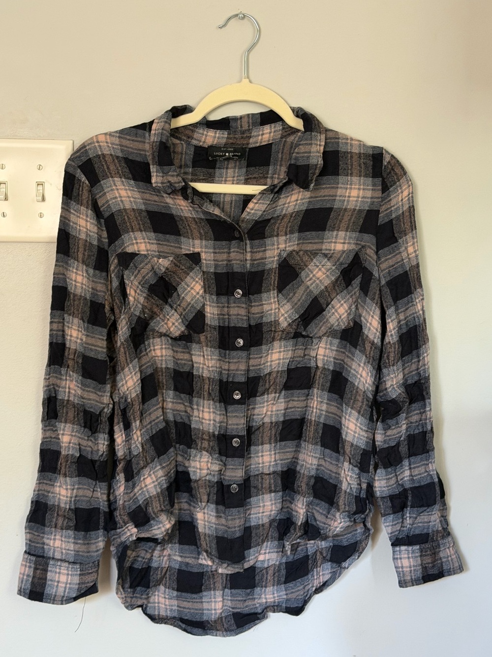 Lucky Brand Dark Navy Blue and Light Pink Plaid Button-Down Shirt